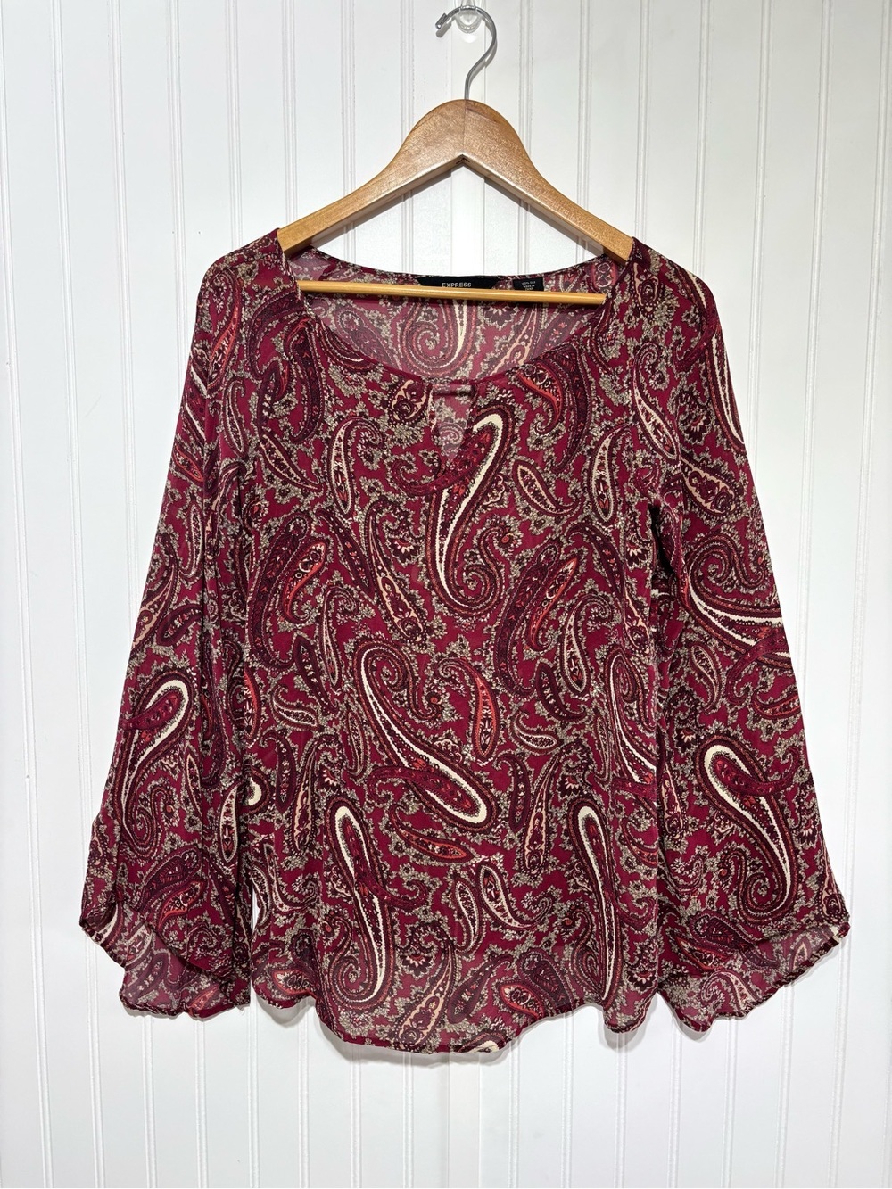 Express 100% Silk Paisley Peasant Blouse Burgundy Boho Bell Sleeve Sz 11/12 (M)